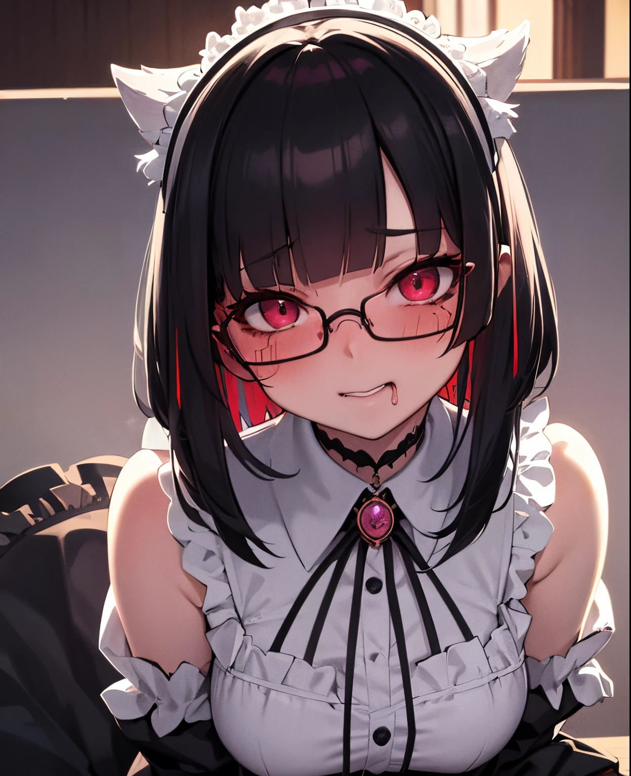 nsfw, woman, (nun), (Bunny ears), open mouth, Showing tongue, Round frame glasses, Small breasts, long hair, black hair, open legs, Rainy, Church, (man, penis), (Sex, woman on top)