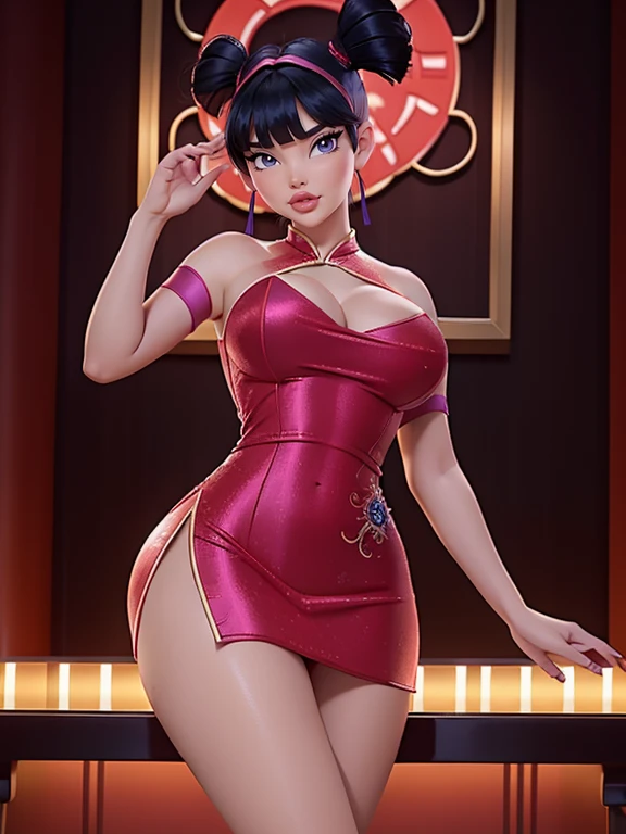 Chinese dress ,((( Very short dress))), thick thighs, fake breasts, Erect nipples over dress, heat, malicious eyes, Long legs, seductive body, sexy breasts,strapless,