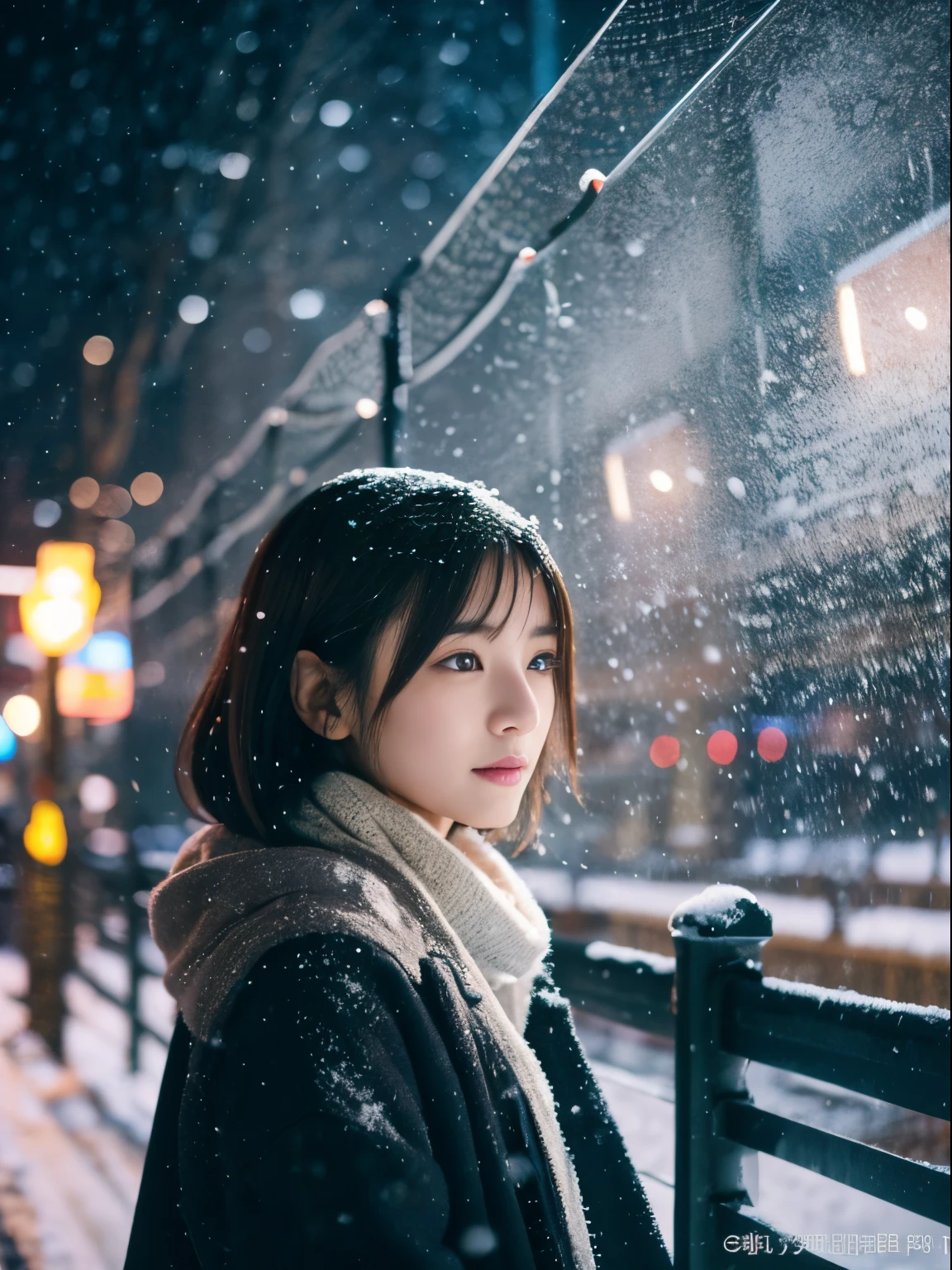 While watching the snow falling quietly. Her introspective and tearful expression、Makes you feel longing for winter nights and melancholy。。。、top-quality、hyper HD、奈良美智, Japanese Models, Beautiful Japan wife, With short hair, 27-year-old female model, 4 k ], 4K], 27yo, sakimichan, sakimichan