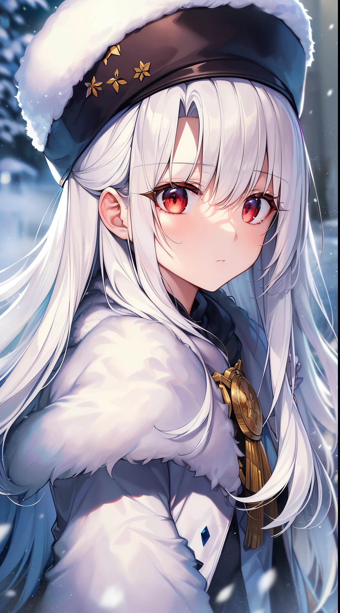 (((masterpiece))), (((top-quality))), ((ultra-detailliert)), Highly Detailed beautiful and aesthetic, extremely details CG, perfect detail, very delicate light, finely eye and detailed face, Detailed light, (Best Shadows), (best anatomy), beatiful detailed eyes, (Detailed body), A detailed face, (colourfull), beautiful detailed hair,russian snow、snow blowing、Extremely cold Siberia, Russia、1Man Caucasian Woman、(独奏:1.4)、The long-haired、white hair、Red eyes、(Iris Viel von Einzbern:1.2), fate/zero,Russian、White muffler、white cossack hat、Wear white winter clothes