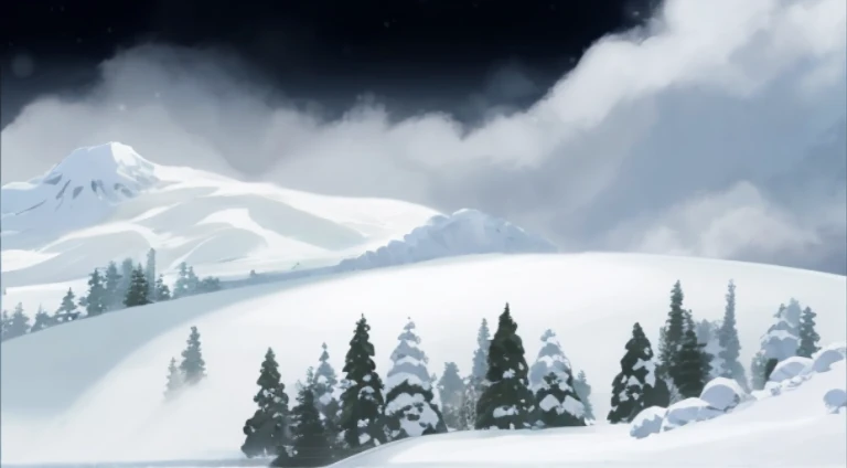 There is a mountain covered with snow,There are trees,There's another guy on a snowboard, Arte conceitual de inverno, Snowy environment, snow landscape background, snow field, snowy mountain background, snow landscape, snow landscape, snow wasteland, beautiful anime scenes, Anime landscapes, Snowy background, anime backgrounds, Snow-capped mountain scenery, background artwork, anime movie backgrounds, snow landscape, anime scene, Anime landscapes