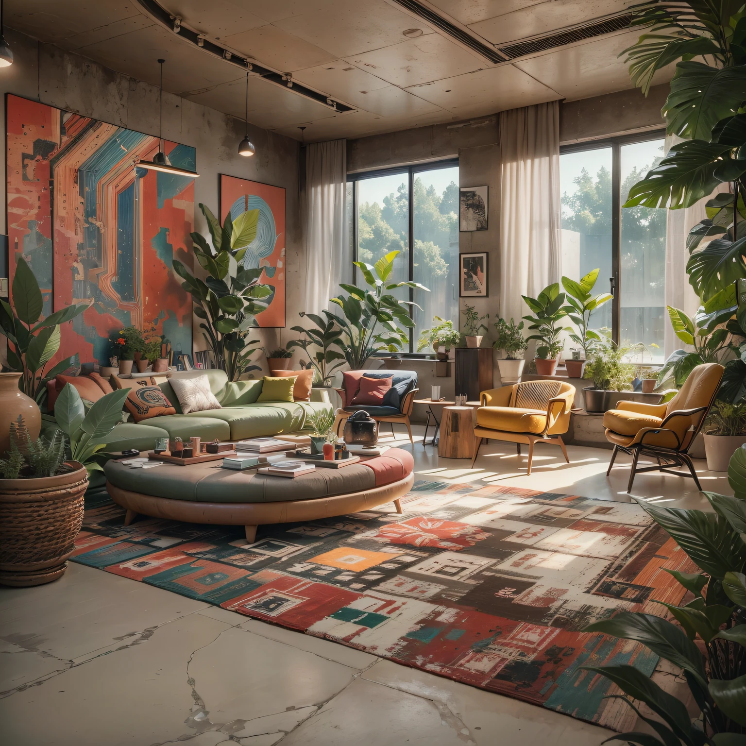 (Best quality at best,4K,8K,A high resolution,tmasterpiece:1.2),ultra - detailed,(actual,realisticlying,Photorealistic:1.37),tribal style，Utopian，Afu Futurism，Postmodern，Lounge style office photos，Inside the room，cozy environment，Modern furniture，Stylish design，Maximalism，natural  lightting，vivd colour，tribal pattern，Abstract artwork，floor to ceiling window，in a panoramic view，Ergonomic chair，clean linework，Comfortable seating，Plants and greenery，textured walls、polished concrete floor、contemporary art installation、tribal sculpture、organic shapes、Creative atmosphere、State-of-the-art technology、relaxing atmosphere、Inspirational quotes on the wall、A space full of art，tranquil ambiance。