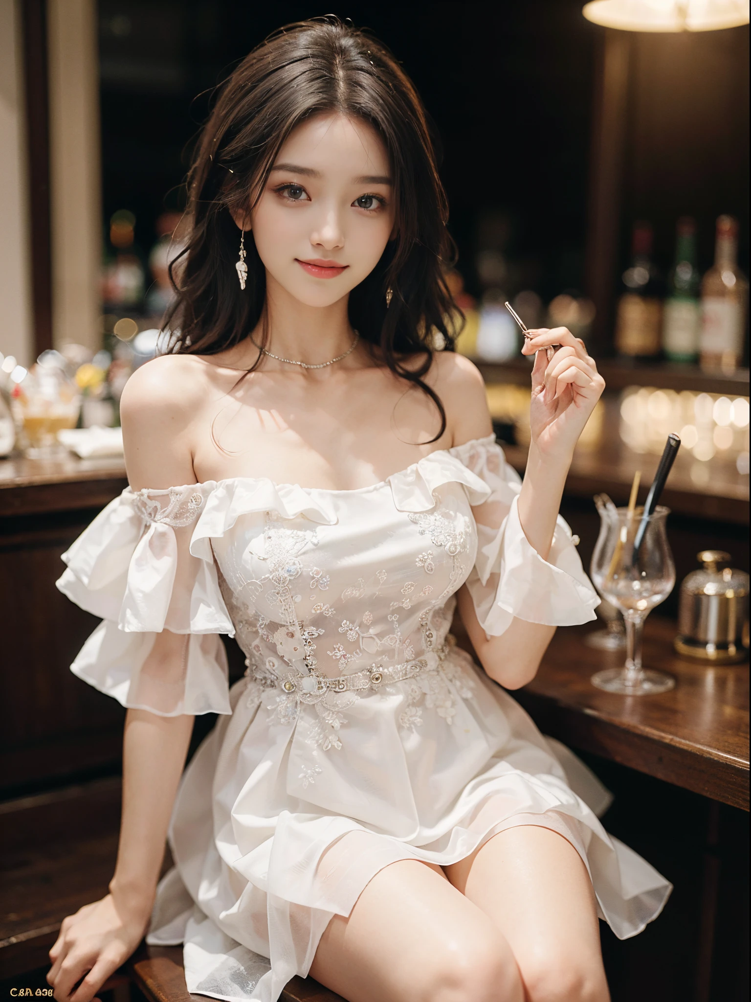 a beautiful girl, a young female model, a sweet girl's outfit, an off-shoulder dress, jewelry, (white, blue),  random pose, elegant pose, visually appealing, masterpiece, (best quality, 4k, 8k, highres, masterpiece:1.2), ultra-detailed, ultra-fine painting, exquisite face, slender figure, smiling, radiant smile, At a bar, sitting on a high stool