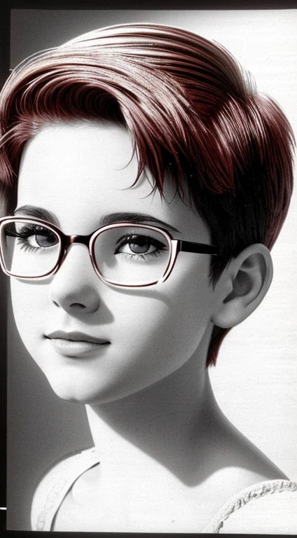 Realistic monochrome photography in 80s style......, Film grain, photo paper texture, tmasterpiece, Soviet erotica; Cute Russian brown-eyed girl ************......., little shy virgin, Embarrassed, heavy blush, beautiful detailed round face, Large shiny realistic dark brown eyes, eyeglasses(There are lenses in the glasses, Realistic glare of light on the glass), small snub-nose, Cute humble smile, Parted sensual plump lips, plump cheeks, Round chin, suntanned skin, short spiky brown hair with scarlet streaks (semi-short pixie haircut)(Rebellious punk hairstyle from the 80s.......), Very small stature, Short torso with realistic pointed baby breasts......., beautiful tender baby body, spicy crumb, small peppercorns; plump round body(beautiful fullness), virgin child, very flat baby chest(flat-chested)(no breasts at all) with big erect nipples (Nipple erection), almost transparent mesh T-shirt, Thin thongs, beautiful belly with a small navel, nice feet; in full height, (full - body, including legs), pose for a magazine; Realistic texture of human skin (pores, Mimic folds, wrinkles), Monochrome image