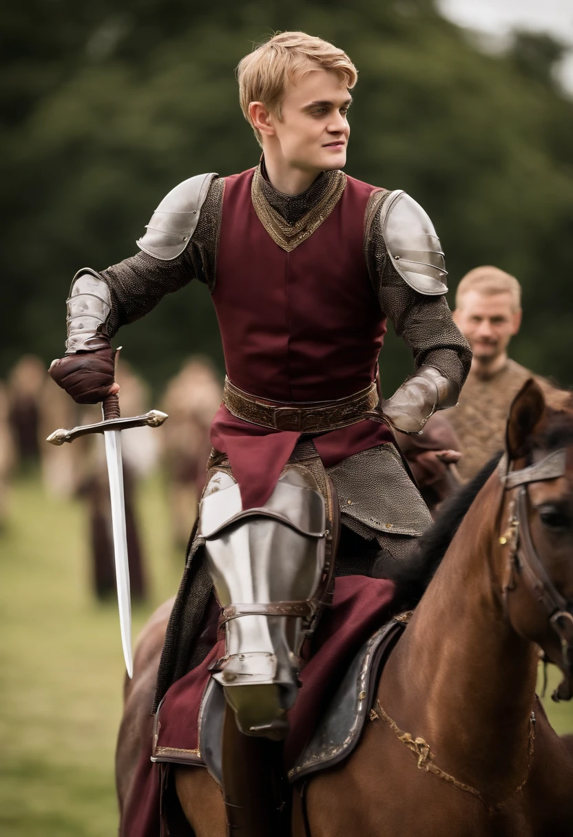 A photo of Joffrey practicing swordplay with a look of sadistic glee on his face.,Game of Thrones TV series,Joffrey Baratheon, a character from “Game of Thrones,” presents with the fair-haired, aristocratic looks typical of the Lannister lineage, often displaying a smug, self-satisfied expression that mirrors his entitled demeanor. His youthful appearance is contrasted by a cold, sneering countenance, and he is usually adorned in lavish, regal attire befitting his status as a prince and later a king., male