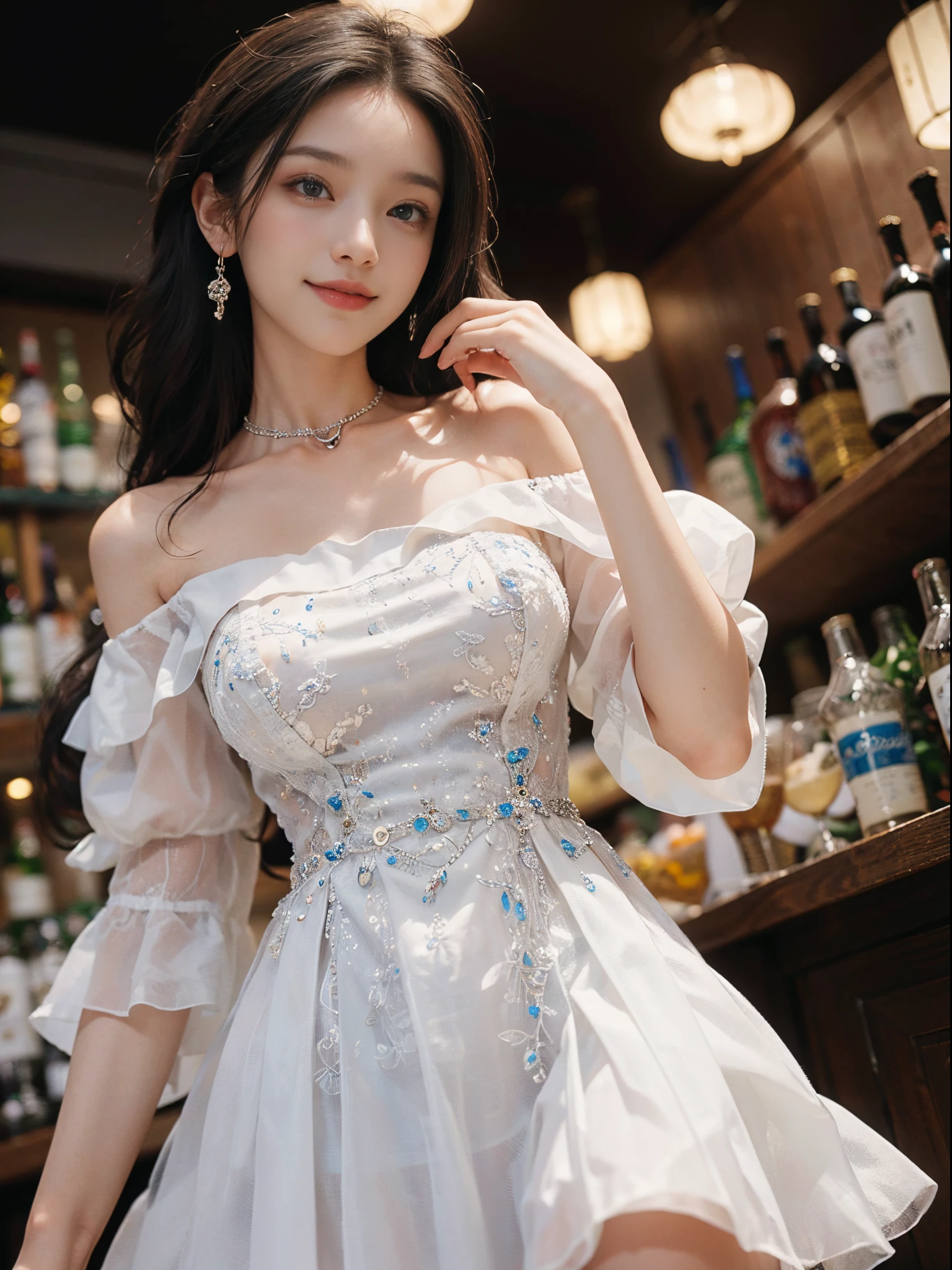 ((masterpiece))((8k resolution)) Under the moonlight at night、A beautiful woman in her twenties who looks like a fairy wearing a white off-the-shoulder short dress、 Skin as clear as porcelain、Beautiful Legs Pantyhose、Brown hair as smooth as a waterfall、 ((bangs) )、((Viewer Perspective))、(透明感と艶のあるlightgrey pantyhose)、 All-through pantyhose for Race Queens)、Her face is a fairy of the sky,、Crescent-shaped eyebrows and black eyes、double eyelid、Her eyes are starry and clear and intelligent.、lightgrey pantyhose、Beautiful legs in pantyhose、 In this transparent space, she seems like she is not of this world.、Her beautiful face is somehow sad、It speaks of thousands of years of solitude.、 The moonlight falls on her body、 A mysterious beauty, as if wrapped in a veil of light、 彼女の美しさはpeople々Captivate、 people々I can't help but want to take a closer look.、Like a goddess in the palace of the moon、Fantastic scenery
