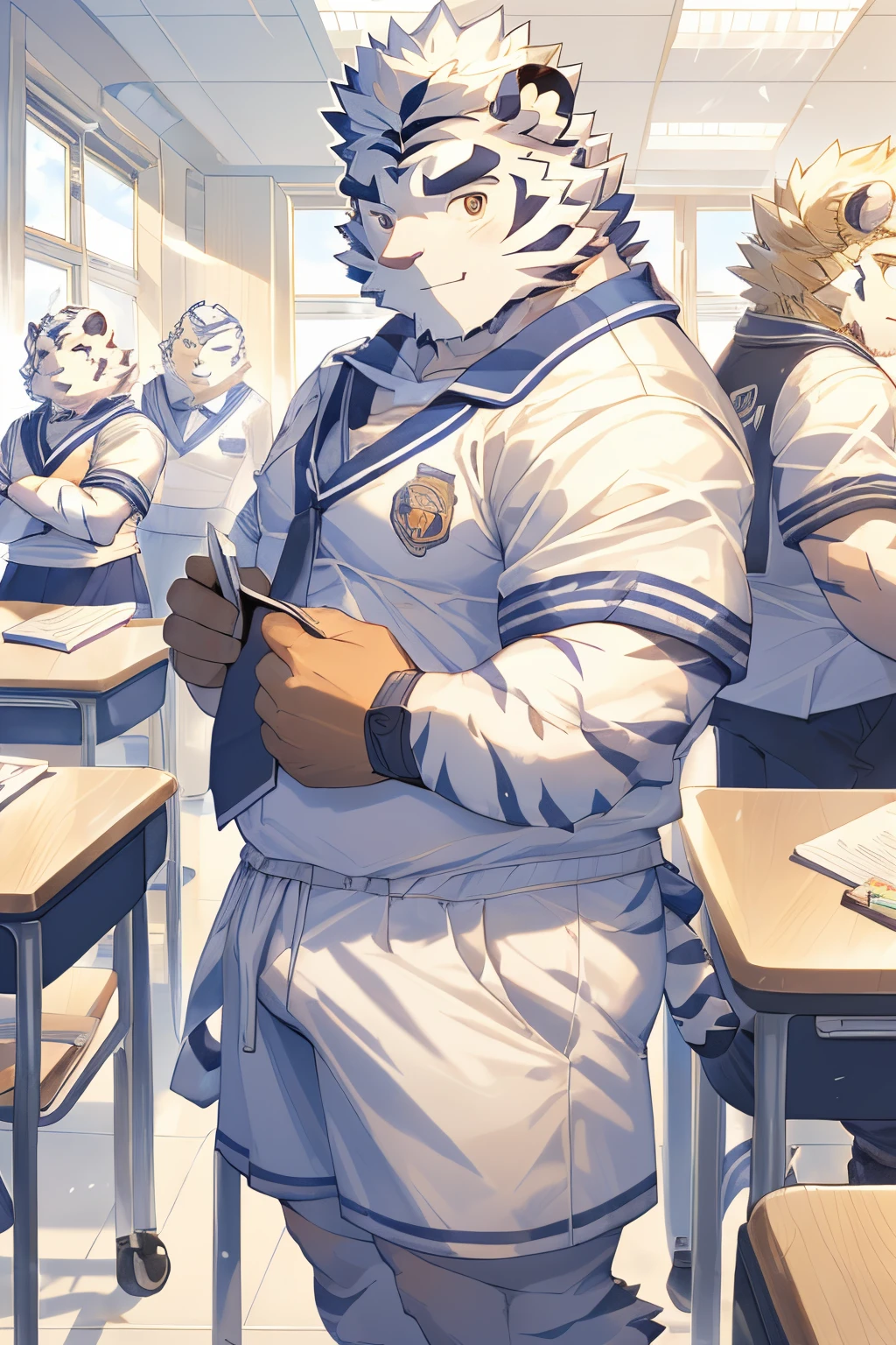 Hominidae, Photo pose. 4K, A high resolution, Best quality at best, posted on e621, (Two anthropomorphic white tigers:1.2), male people, 20yr old, Thick eyebrows, White fur, extra very short hair, shaggy, Strong body, large pecs, ((White student uniform)), they have class together, Golden pupils, White skinny shorts, medium bulge, in class room, (sport, musculous, Heavyweight:1.2), Correct anatomy, (author:Chunni, author:Taran Fidler:0.8), (詳細な目:1.2), sexy for, (Cartoon shading:1.2), Cartoon shading, serious expressions, face flushed, (view the viewer:1.2)