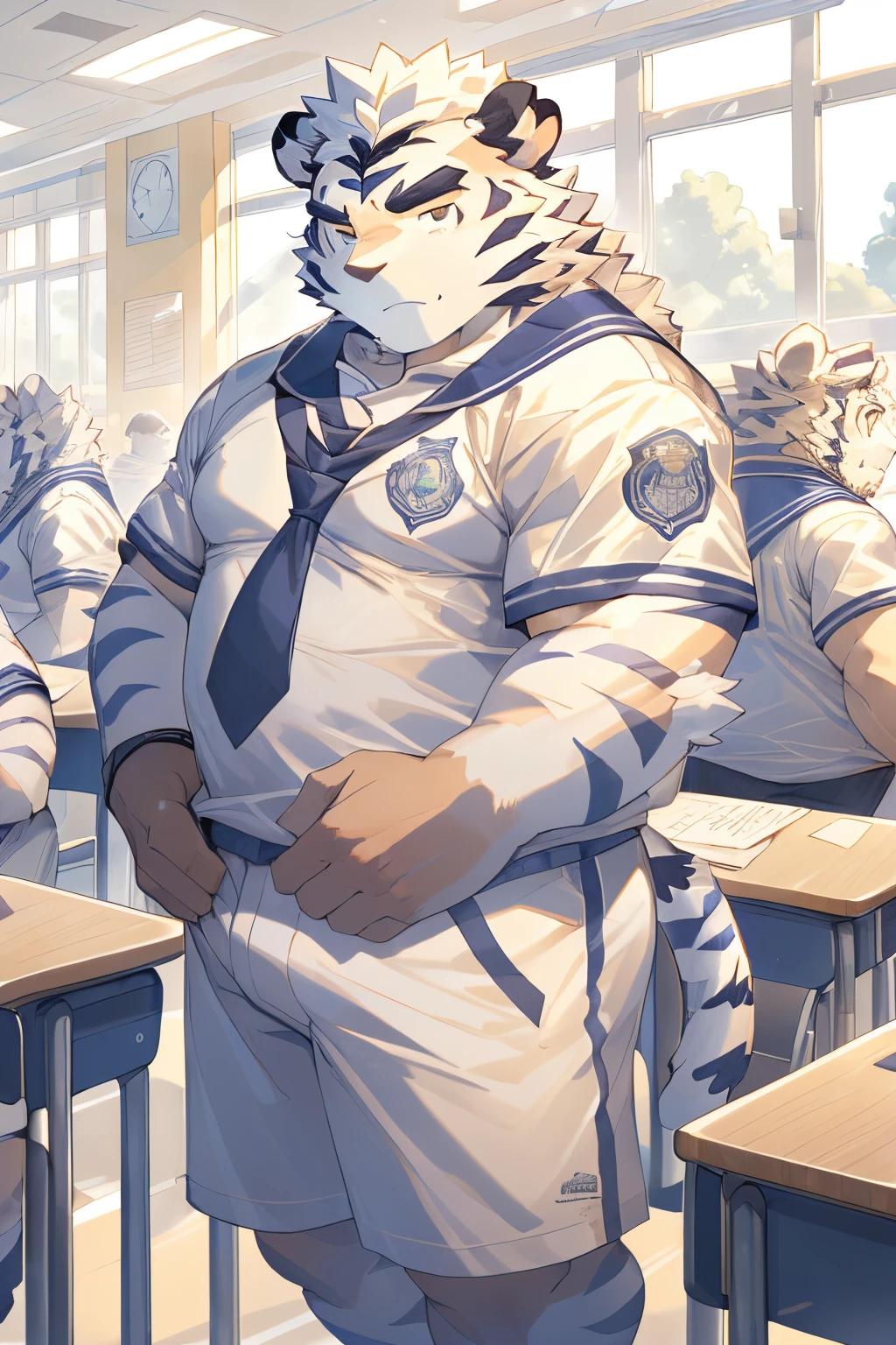 Hominidae, Photo pose. 4K, A high resolution, Best quality at best, posted on e621, (Two anthropomorphic white tigers:1.2), male people, 20yr old, Thick eyebrows, White fur, extra very short hair, shaggy, Strong body, large pecs, ((White student uniform)), they have class together, Golden pupils, White skinny shorts, medium bulge, in class room,  (sport, musculous, Heavyweight:1.2), Correct anatomy, (author：Chunni, author：Taran Fidler:0.8), (詳細な目:1.2), sexy for, (Cartoon shading:1.2), Cartoon shading, serious expressions, face flushed, (view the viewer:1.2)