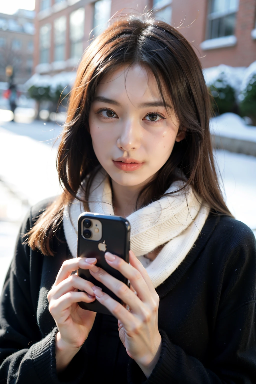 In the snow in winter,and the sun was shining brightly,one-girl,Holding mobile phone with one hand to cover face,Facing the lens,large view,Realistic painting style,realness,high detal, high qulity, Best quality at best, A high resolution, 1080p, k hd, 4K, 8K