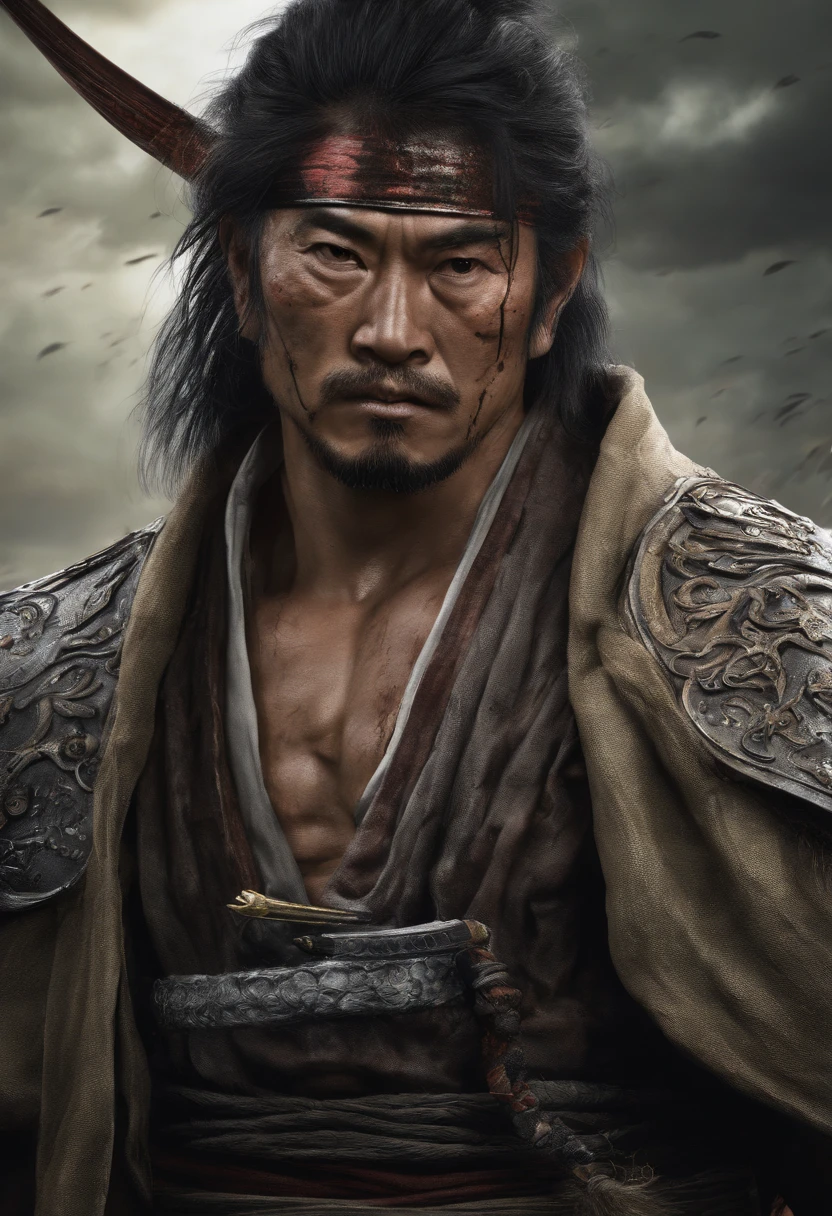 Hombre samurai, en un estudio, con su mascara oni de lobo, vestimenta tradicional, guerrero, pelo largo negro, imagen realista