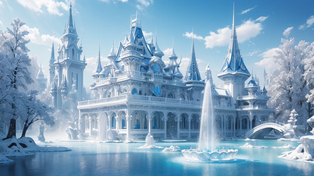 (Best quality at best,4K,8K,A high resolution,tmasterpiece:1.2),(All white world)，ultra - detailed,Blue and white tones,Utopian world,Highly detailed and intricate masterpiece，baiyun，featheredwings，Radiant，fountain crystal pure white transparent gothic transparent architecture，floating transparent wonderland