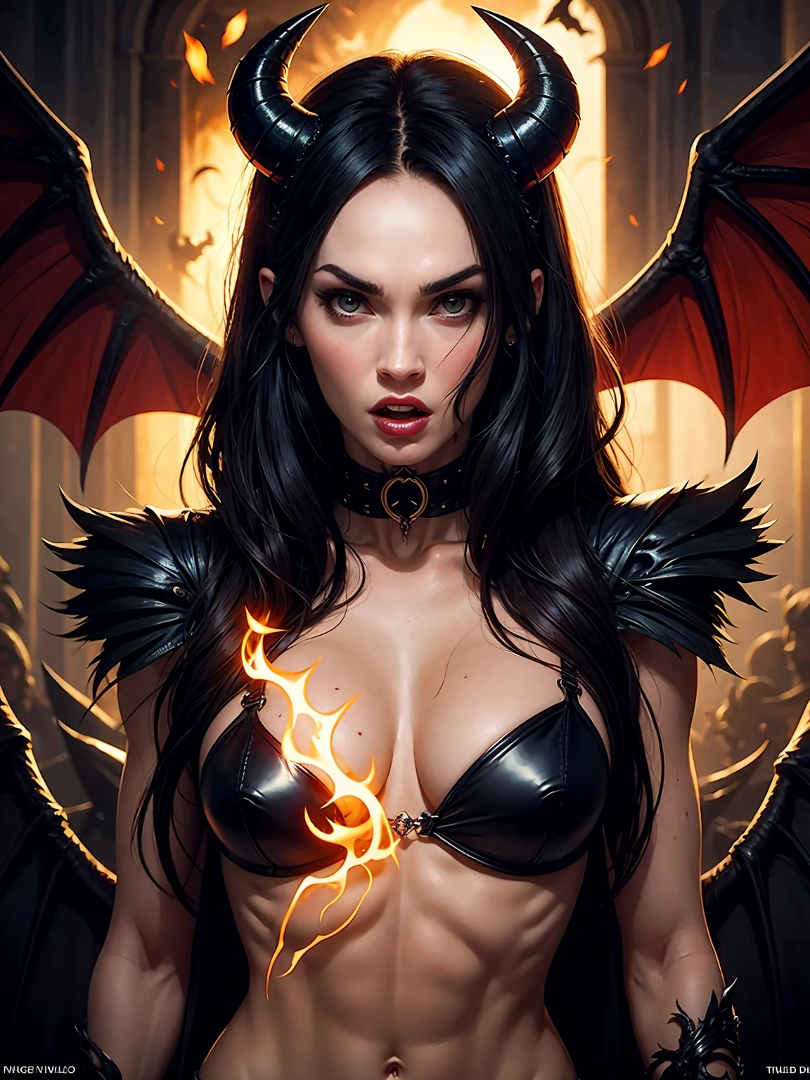 Megan Fox : The evil Succubus, Muscular skinless physique, Demon horns, Demonic wings on the head , an evil red glow emanating from her, diabolic, insidious, Context of the Satanic Church