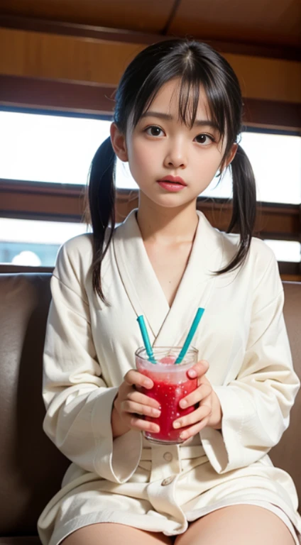 (masutepiece, Best Quality:1.4), Beautiful face, 8K, 85 mm, absurderes, ((Dark bedroom in the hotel))、(Wearing a thick white bathrobe:1.4), ((cowboy shot:1.5))、((Shot from below:1.4))、((udder of medium size:1.4))、violaceaess, gardeniass, Delicate girl, Solo,(((Twin-tailed:1.5)))、((sitting in the couch:1.4))、((Drink juice:1.4))、Night, Looking at Viewer, Upper body, Film grain, chromatic abberation, Sharp Focus, face lights, Professional Lighting, Sophisticated, (he looked at me with a confused expression:1.4), (Simple background, Bokeh background:1.2), Detail Face、
