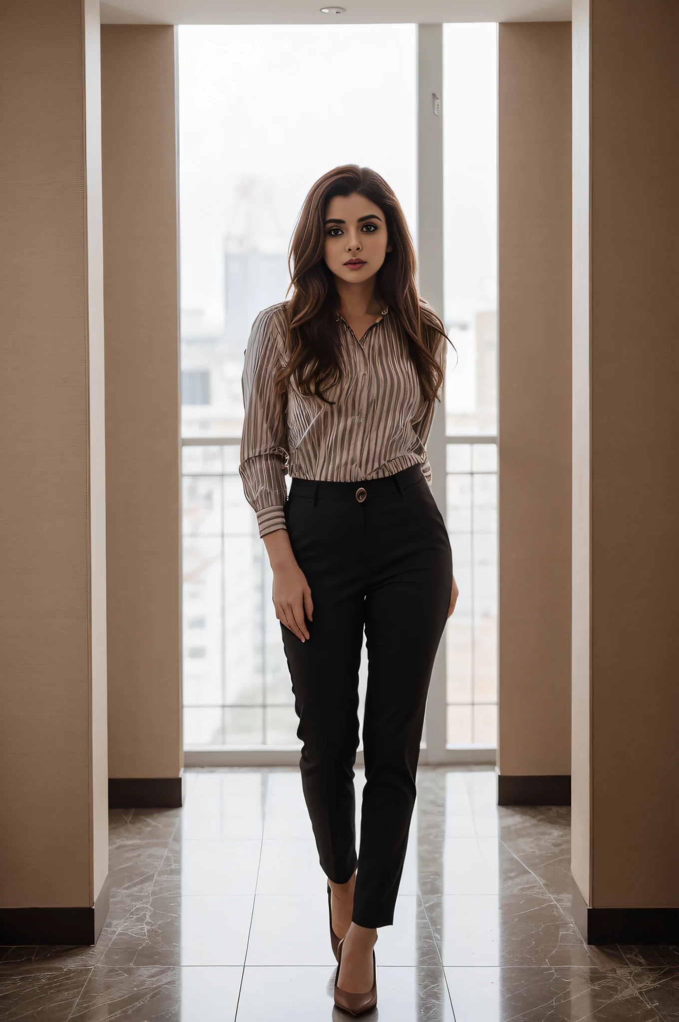 a woman with long hair wearing a striped shirt, a portrait by Isabel Naftel, trending on pinterest, bauhaus, minimalist, angular, ornate, perfect 36-26-36 figure, hazel eyes, brown hairs, 23 year old confident girl, Vedhika, full body, hotel background.