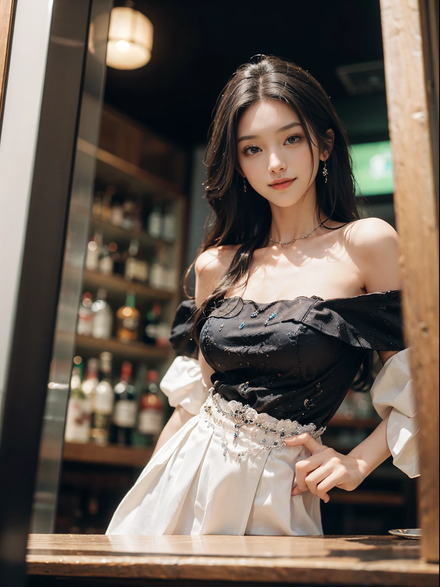 ((from below)),a beautiful girl, a young female model, a sweet girl's outfit, an off-shoulder dress, jewelry, (white, blue), random pose, elegant pose, visually appealing, masterpiece, (best quality, 4k, 8k, highres, masterpiece:1.2), ultra-detailed, ultra-fine painting, exquisite face, slender figure, smiling, radiant smile, In a bar, stand and lean against the bar