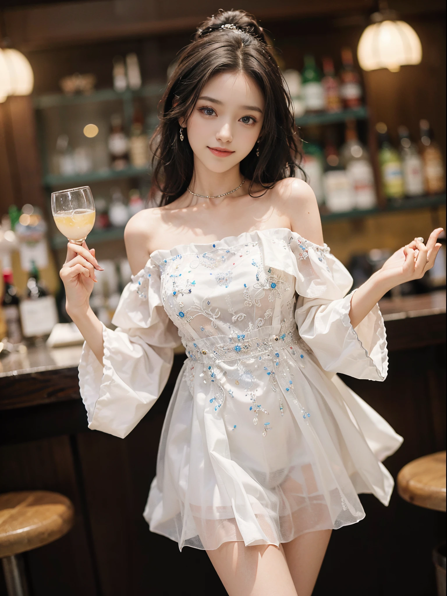 a beautiful girl, a young female model, a sweet girl's outfit, an off-shoulder dress, jewelry, (white, blue),  random pose, elegant pose, visually appealing, masterpiece, (best quality, 4k, 8k, highres, masterpiece:1.2), ultra-detailed, ultra-fine painting, exquisite face, slender figure, smiling, radiant smile, In a bar, stand and lean against the bar