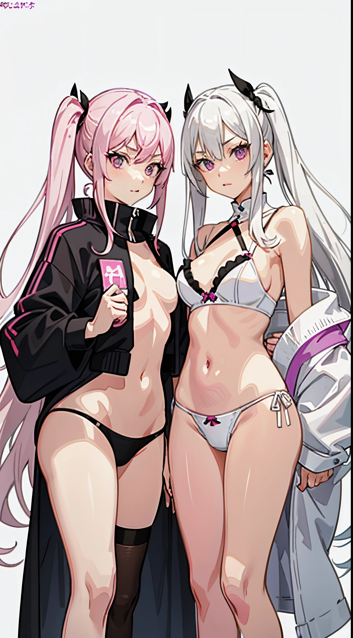 Two busty girls facing the camera, White hair and pink hair, purpleeyes, Black erotic underwear, Photorealsitic, Towels, 浴室, Side seams, Wallpapers, NSFW,Squat down and open your legs