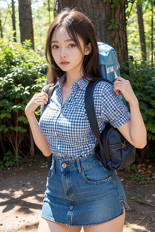 (Natural Landscape Photography), (Best Quality), masutepiece:1.2, 超A high resolution, ((Cowboy Shot:1.4))、Photorealistic:1.4, Raw photo, ((In the dark forest、The tree々Light shines into the space:1.4)), (Wide angle shot), ((Short Sleeve Open Collar Blue Gingham Check Shirt:1.4)),(1girl in), (Photo from the knee up:1.3), (18 years old), (Happy:1.2), (wetted skin), (Real Skin), (Semi-long hair, dark brown hair)、 ((Denim skirt with emphasis on thighs:1.4)), ((Carrying a large backpack:1.4)), (hyperdetailed face), (Super Beautiful Maid), (Ultra detailed eyes), (Ultra-detailed nose), (Ultra detailed mouth), (Ultra detailed arms), (ultra detailed body), Pan Focus, gaze at the audience、angry looking face