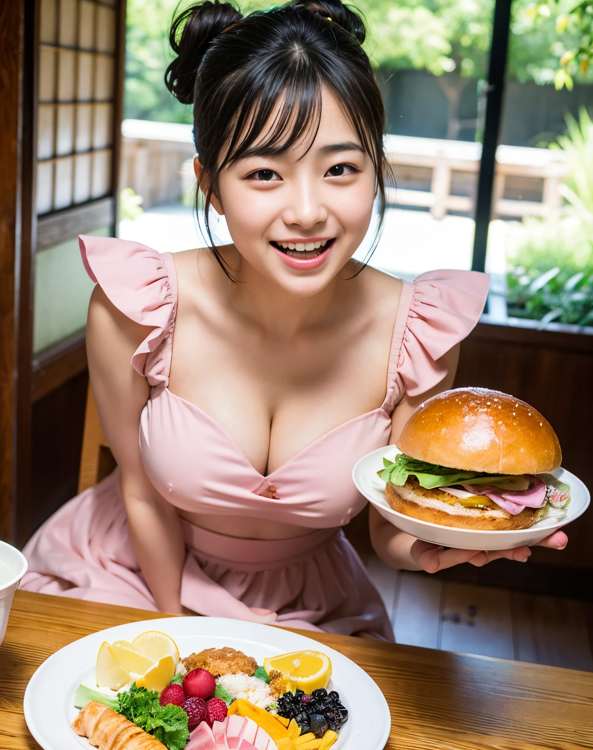 Exposing huge valleys)、((Crouching pose and legs wide open towards the viewer))、((Fully Naked))、((in the restaurant))、(Ultra-realistic armpits、hyper detailed underarm)、(Uphand)、nikon RAW photo、16 K、FujifilmXT3、​masterpiece、top-quality、realisitic、Photorealsitic、ultra-detailliert、extra detailed face、独奏、1girl in、High-end makeup products、 and a stylish expression on her face、irene1、(FULL BODYSHOT) , pretty , Nude , wet skin, sweat , (wide angle view) , round glasses, bobhaircut , (((shameless pee on other customer's food with crowded people having lunch and pose wide open towards the viewers))) , hand behind head