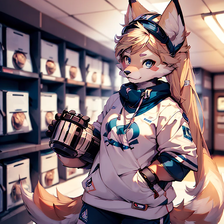 (masterpiece:1.3), (best cinematic quality:1.2), (extremely detailed setting:1), (soft+artistic lighting), 1female, husky, dog girl, ice hockey gear, ice hockey uniform, blonde hair, blue eyes, locker room