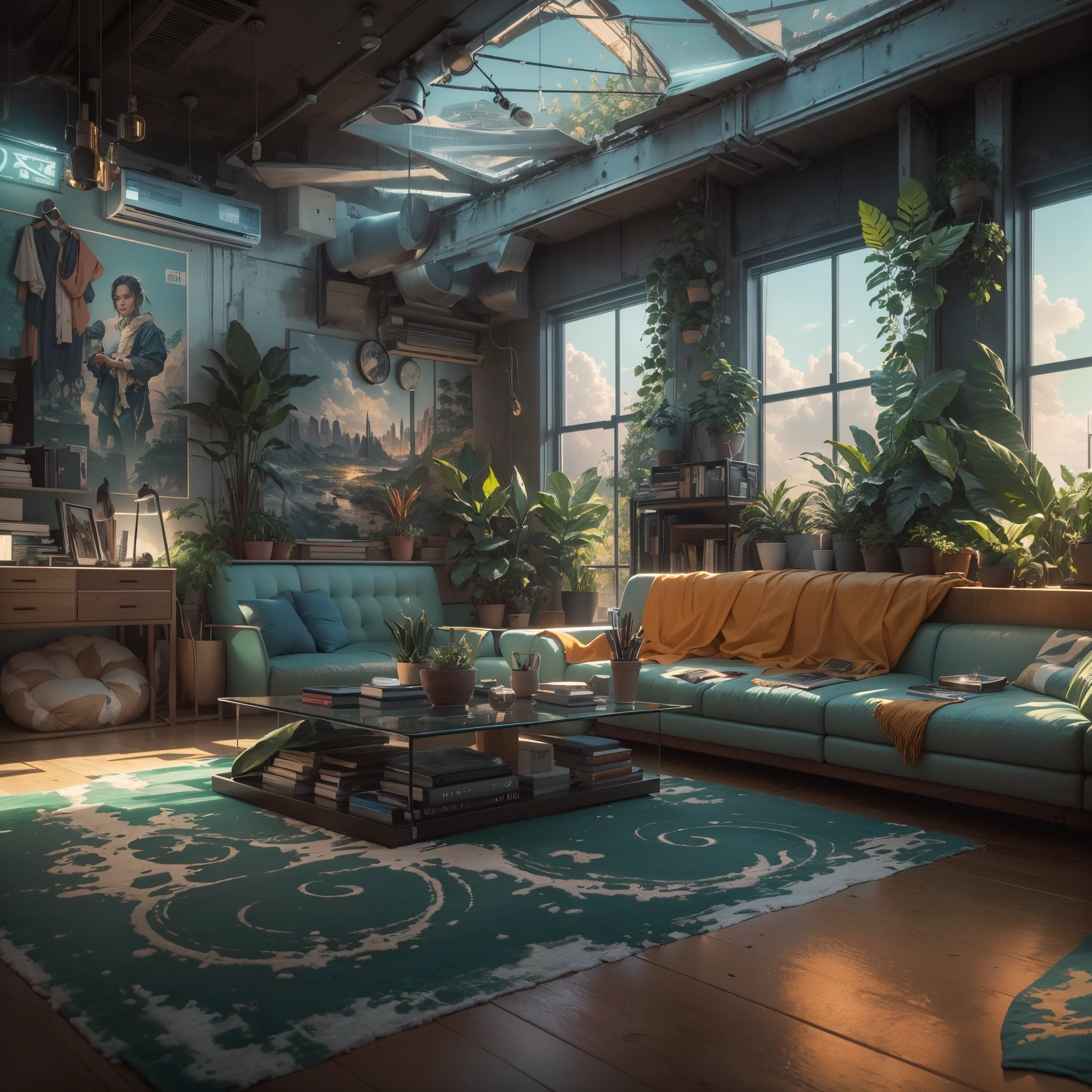 (best quality,4k,8k,highres,masterpiece:1.2),ultra-detailed,(realistic,photorealistic,photo-realistic:1.37),tribal-themed,utopian,dystopian,futuristic, lounge, office, photo, indoor, modern, tribal patterns, vivid colors, neon lights, plants, futuristic furniture, high-tech equipment, panoramic view, glass walls, natural light, minimalist design