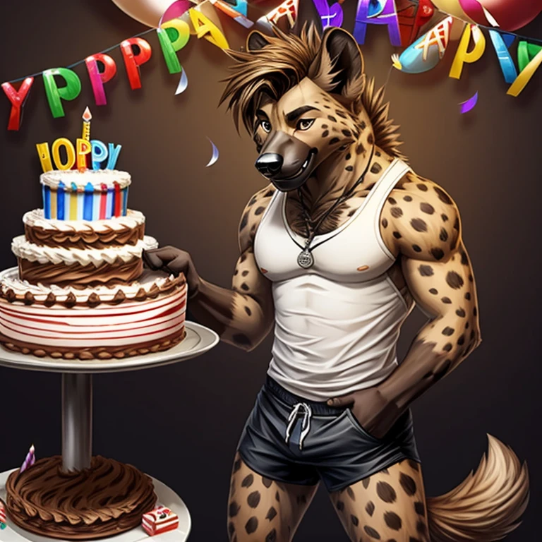 ((male spotted hyena furry)), ((celebrating birthday)), grey color pattern, brown mane and hair, wearing shorts, anthro art, with small brown goatee