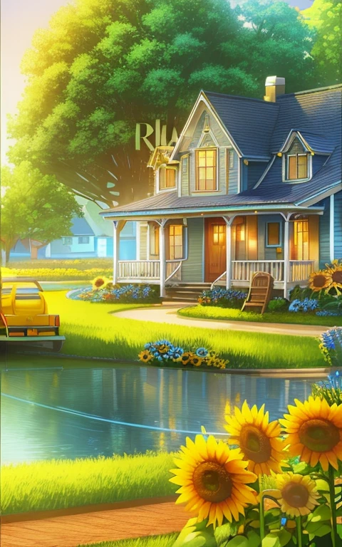 Painting of sunflowers in front of house, blue moon ray tracing, House background, beatiful house, blue and yellow theme, blue mood, blue and yellow theme, Wallpaper phone, blue hour, by Kitty Novin, inspired by Evgeny Lushpin, Beautiful illustration, background artwork, beautiful gorgeous digital art, beautiful artist rendering, Blue Themes
