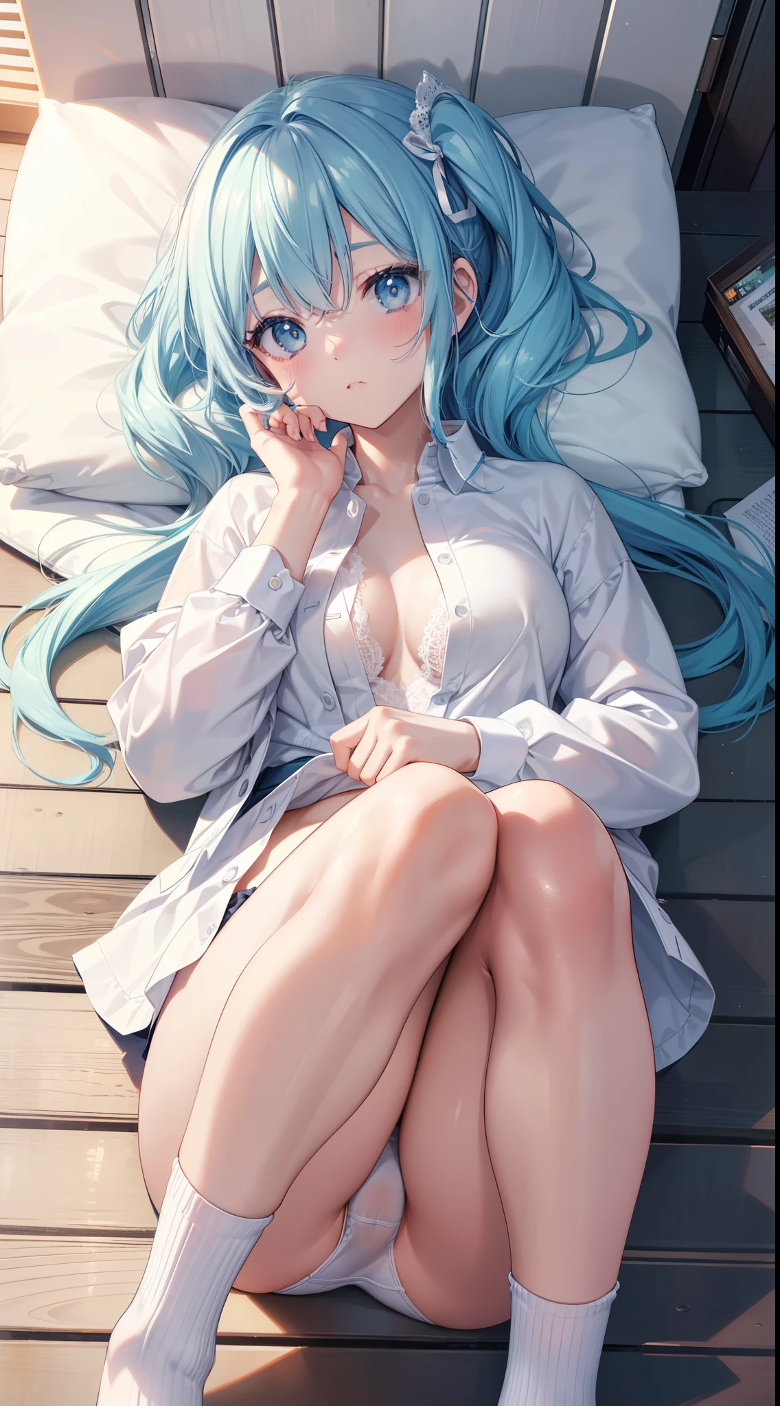 ultra - detailed, A high resolution, (actual, realisticlying: 1.4), 8K, RAW photogr, (On the table), (Best quality at best), physically-based renderingt, college girl, Long powder blue hair, Korea, sea beach, Unbutton your socks and look at them_The white_The shirt，White lace panties are exposed