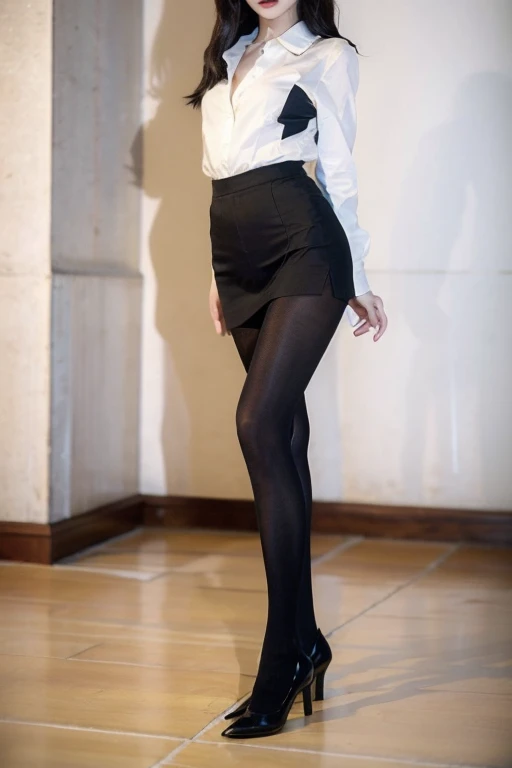 Policewoman，Professional uniforms，white  shirt，Black hip skirt，black heels，100D black hip socks，black lence stockings，black pantyhoses，Thick black stockings，huge tit，Cocked buttocks，Super detail，hyper HD,A high resolution,1080p,Anatomically correct，ccurate，Physical coordination，Photo portrait，Delicatemakeup，slender thigh，Best quality, Masterpiece, 超A high resolution, RAW photo, Beautiful and aesthetic,deepshadow, (Photorealistic:1.4), full-body composition, Striking perspective，naked