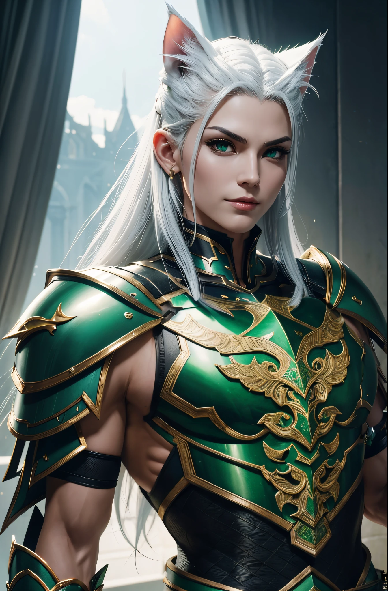8K,muscular muscular male body,gorgeous black and green armor,A hyper-realistic,超A high resolution,Super precise pattern work,