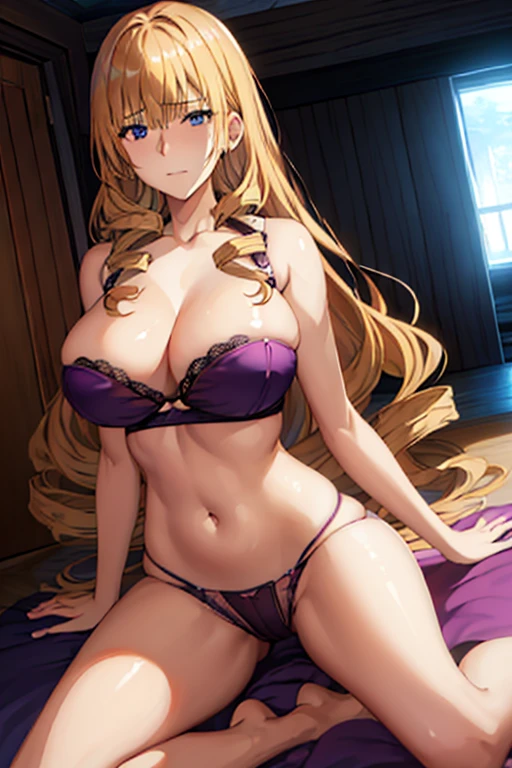 (masutepiece、Best Quality)、{Oriana_Thomson_Toalma Jutsuno Index:1.15}、Blonde_hair、long_hair、drill_hair、Blue_Eyes、1girl in、Open bra、Beautiful eyes、Well-formed face、very large udder、Too big、Lace bra with purple ruffles、Purple bra shoulder straps、Purple lace panties、Big and beautiful nipples、Beautiful areola、beauty legs、a room、emphasizing breasts、blushed face、Moist eyes、Seduce a man、rut、