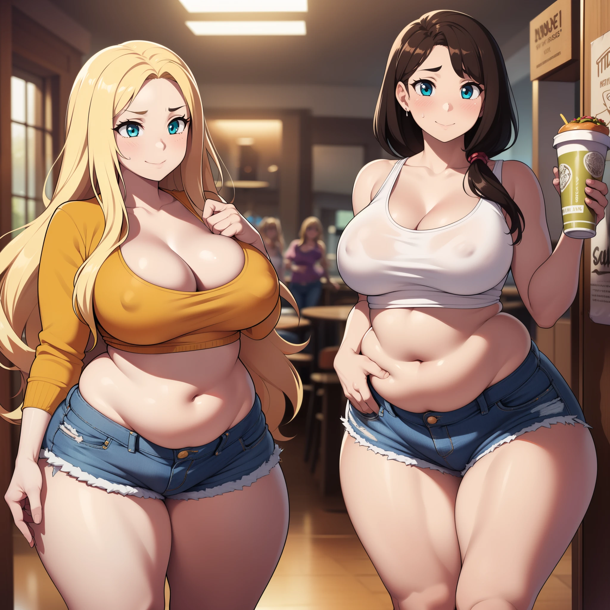 ((high res)), (Masterpiece), perfect anatomy, perfect shading, field of depth, (best quality), extremely delicate and beautiful, perfect lighting, detailed face, ultra cute face, cute, (cowboy shot 1.2), full body, (((2girls))), ((2 girls 1 and 2))

Girl 1: has long hair, fluffy hair, blonde hair, blue eyes, (blush), embarrassed, (crop top 1.2), (jean shorts 1.2), extremely tight clothes, medium breasts, cleavage, perky breasts, ((wide hips)), (thick thighs), (chubby), pudgy belly, fat rolls, belly hang,

Girl 2: has short hair, fluffy hair, brown hair, green eyes, smile, (white tank top 1.2), (jeans 1.2), extremely tight clothes, medium breasts, cleavage, perky breasts, (((wide hips))), ((thick thighs)), (plump), chubby belly, fat rolls, belly hang, she has a jiggly belly,

Fast food restaurant, intricate background, detailed background, girls are standing next to each other,