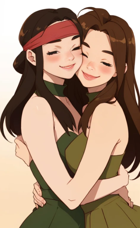 Two beautiful blindfolded young women hugging happily.