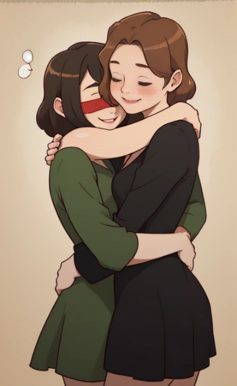 Two beautiful blindfolded young women hugging happily.