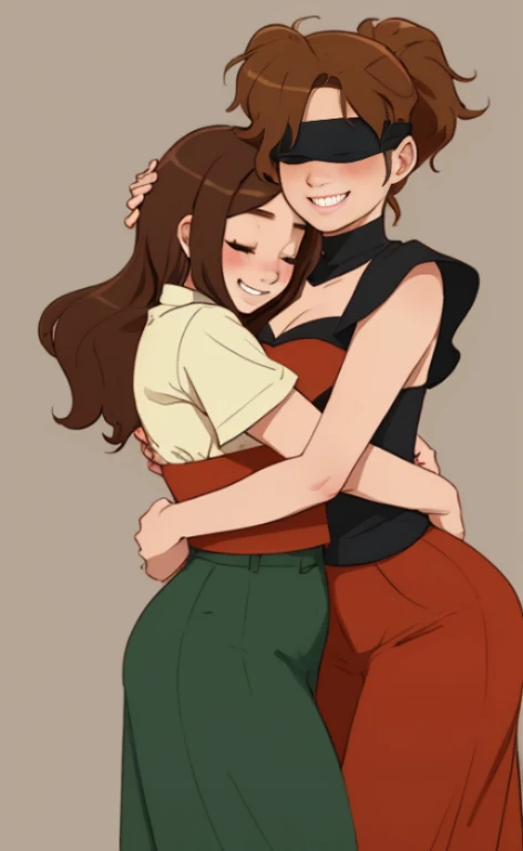Two beautiful blindfolded young women hugging happily.