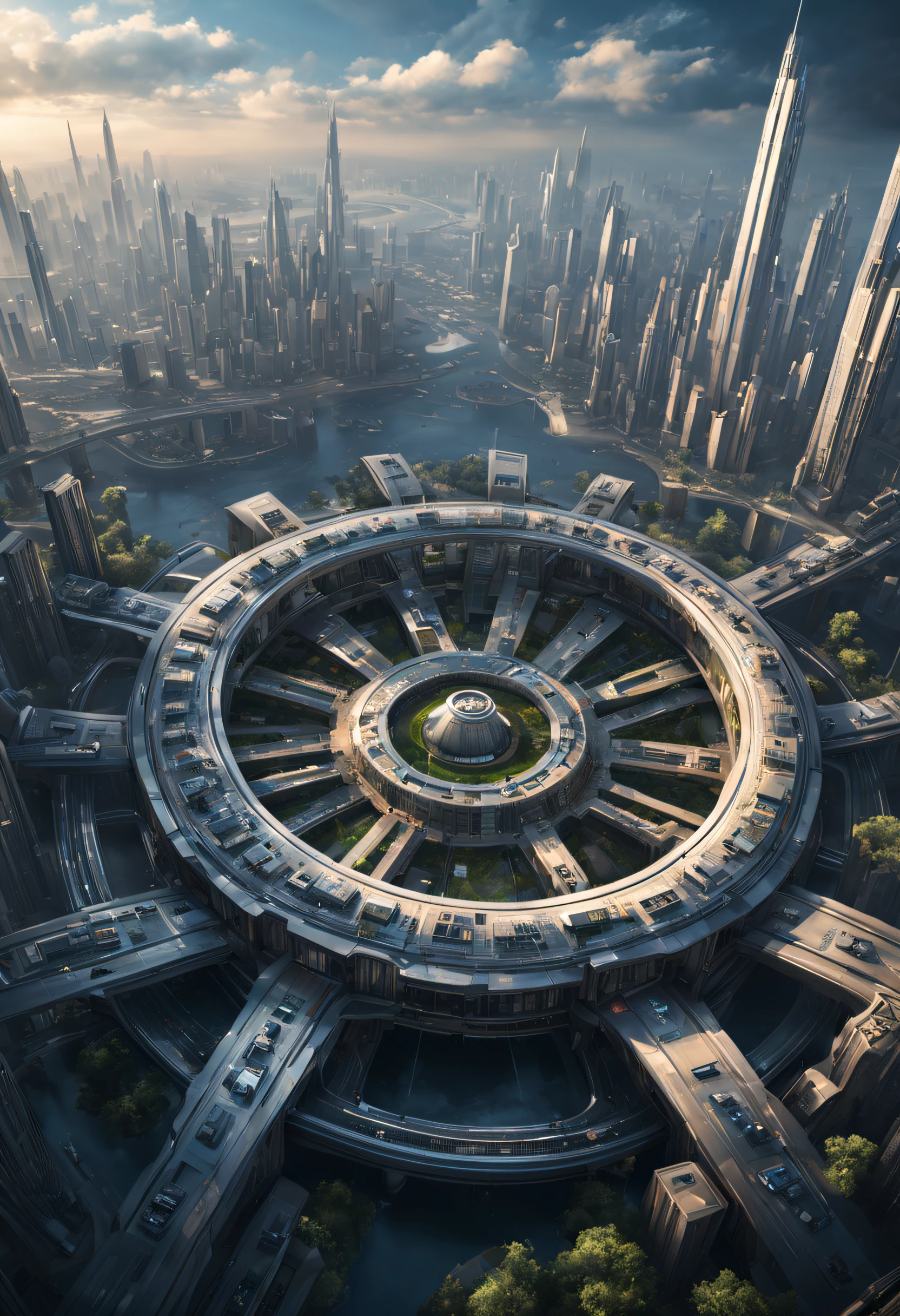 （Very unified cg scene design），A ring-shaped future city that surrounds the Earth，Complex structure，gear wheel，Titanium Alloy，Sophisticated construction，Ultra-complex structures，future human city，sci-fy，