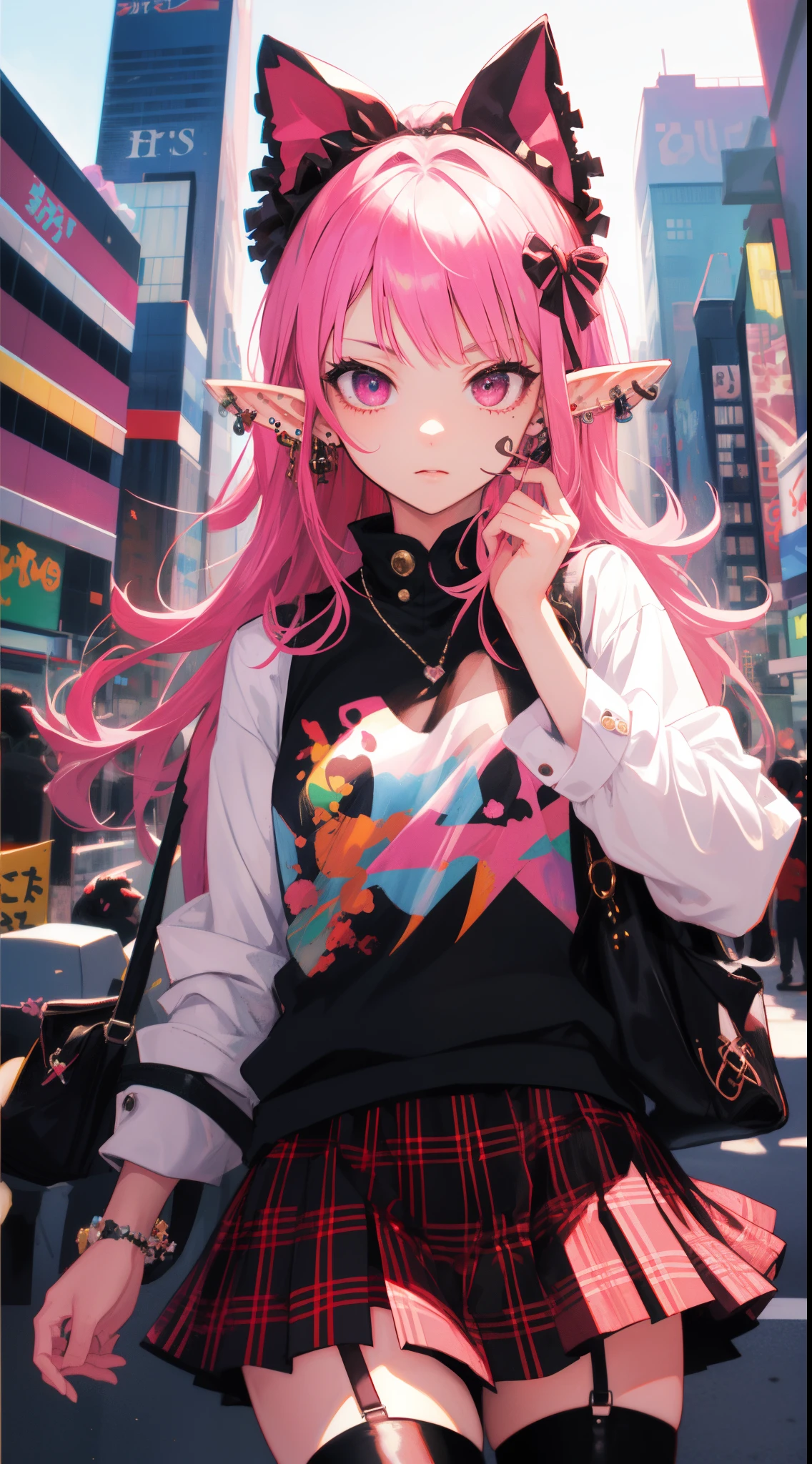 (Masterpiece, Award winning , Best Quality:1.2), 1elf girl, art by Yusuke Murata, solo, menhera, Yamikawa Punk, jirai kei, (jirai kei fashion:1.1), detailed face, pink eyes, white Blouse, Frills, Skirts, Various accessories, (ear piercing), Japanese subculture, fashion, grunge, noise pop, Manic, punky style, (Akihabara:1.1), Stockings, colorful, pink theme, (Dark circles:1.2), 16k, UHD, HDR,(Masterpiece:1.5), (best quality:1.5), style by Artgerm,