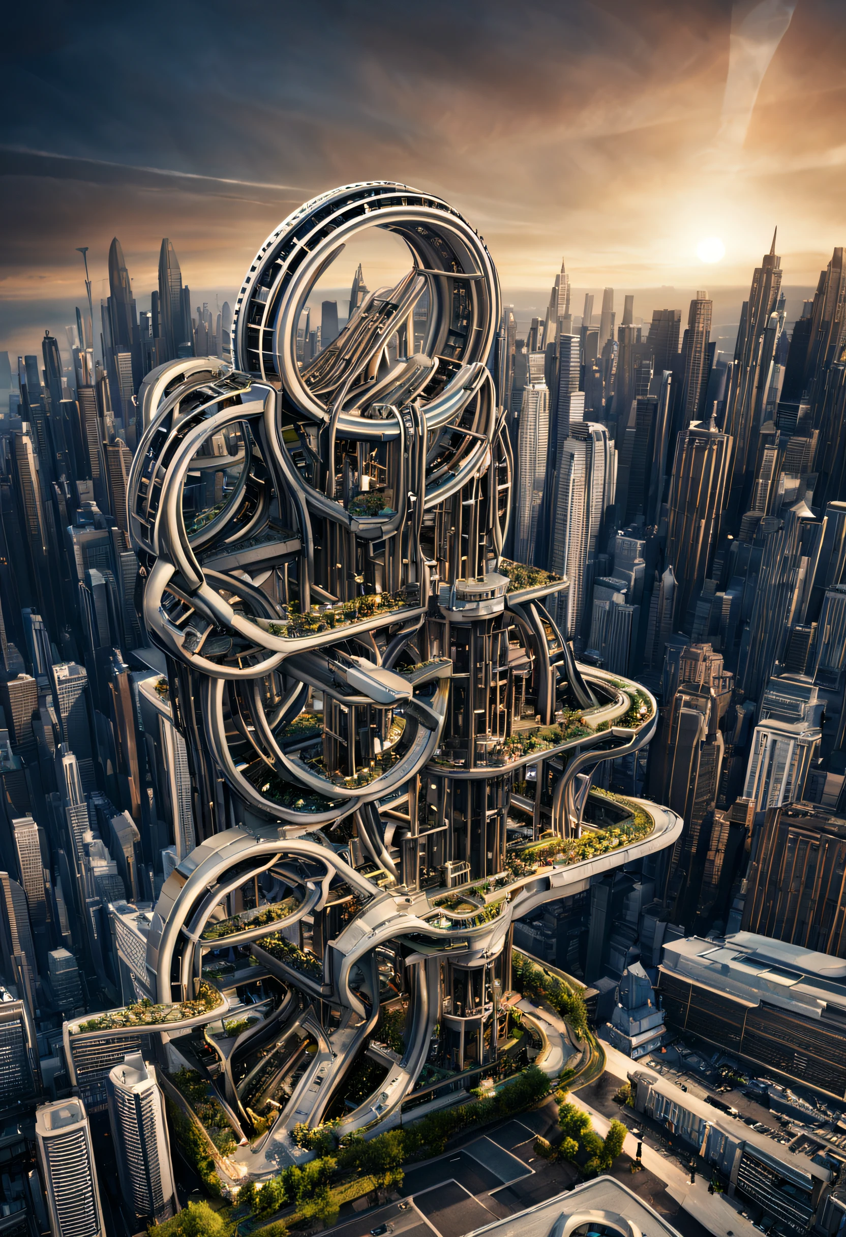 （Very unified cg scene design），The ring city of the future，Complex structure，gear wheel，Titanium Alloy，Sophisticated construction，Ultra-complex structures，future human city，sci-fy，