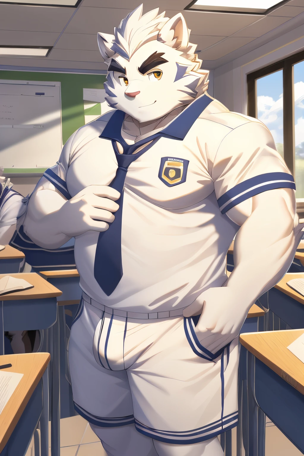 Hominidae, Photo pose. 4K, A high resolution, Best quality, posted on e621, (Anthropomorphic white wolf:1.2), male people, 20yr old, Thick eyebrows, White fur, extra very short hair, shaggy, Strong body, large pecs, ((White student uniform)), he is in class, Golden pupils, White skinny shorts, medium bulge, in class room,  (Muscular, Heavyweight:1.2), Correct anatomy, (author：Chunni, author：Taran Fidler:0.8), (詳細な目:1.2), sexy for, (Cartoon shading:1.2), Cartoon shading, serious expressions, face flushed, (view the viewer:1.2)