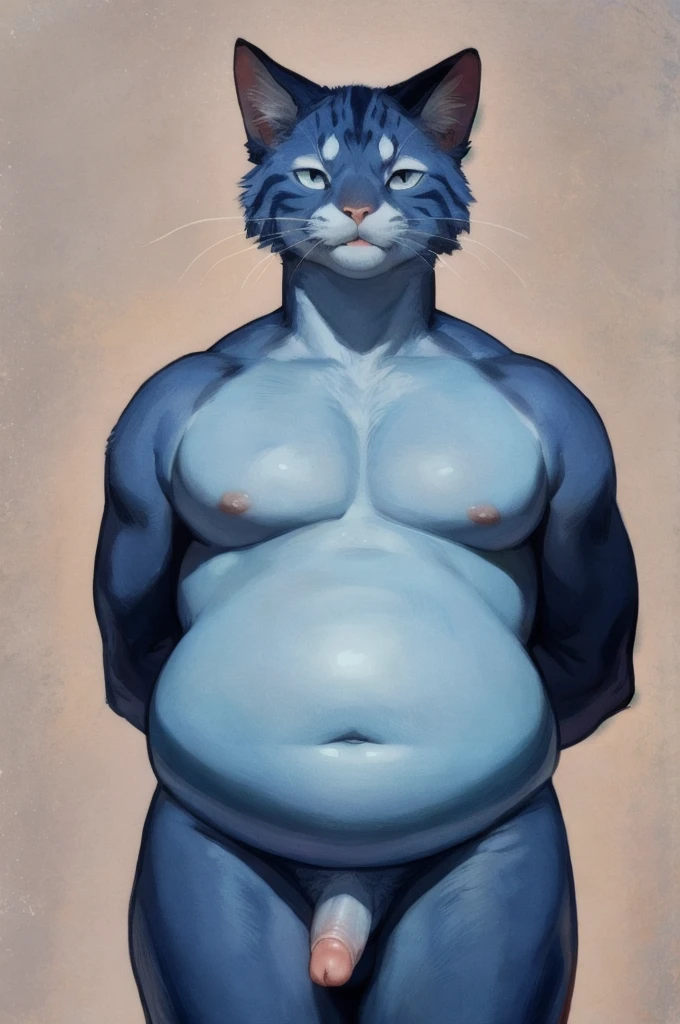 Solo, Furry, Anthro, Cat, Male, E621, Naked, Chubby Body, Blue Skin, Front View, Small Penis Exposed, Hands Behind Back, Simple Background, By bebebebebe