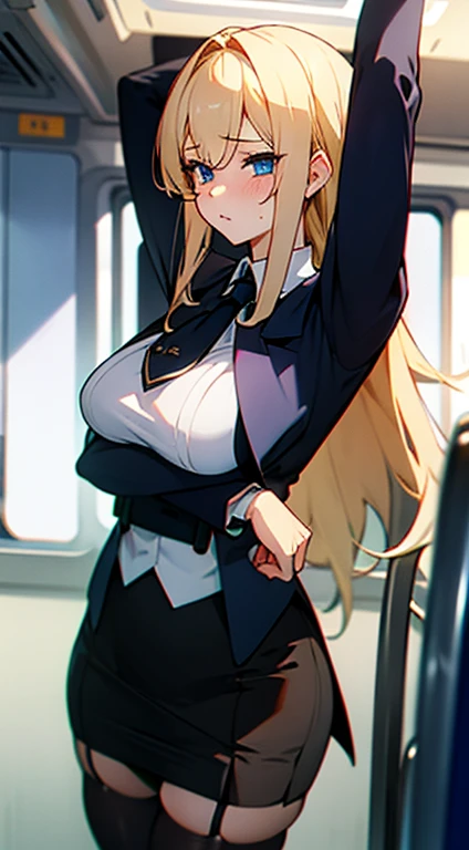 1 girls, (detailed light blue eyes, lange wimpern, detailed beautiful face:1.2), 4k quality, (Long blonde hair:1.5), (arms behind back:1.4), (big breasts:1.5), (blushing:1.3), (long hair, Hair in the face, high ponytail, zwei Strähnen vorne in Haaren:1.4), (black skirt, White shirt with a black necktie, school girl:1.7), (bondage, shibari over clothes:1.3), pralle Brüste, OTN, White Gag, gagged, (sitting:1.7), (sitting in a big classroom with students in the background and a Sunny beach view:1.6)