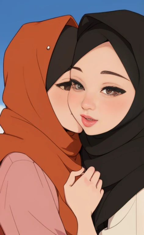 Two beautiful young happy hijabi women kissing each other.