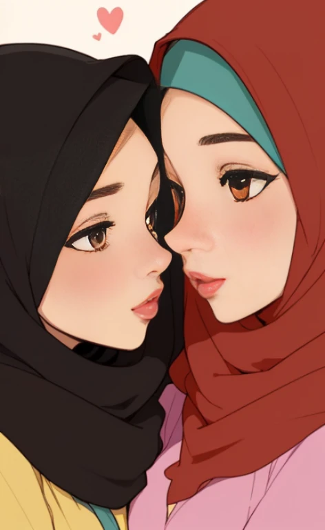 Two beautiful young happy hijabi women kissing each other.