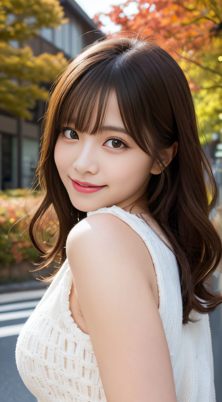 masutepiece, Best Quality, Illustration, Ultra-detailed, finely detail, hight resolution, 8K Wallpaper, Perfect dynamic composition, Beautiful detailed eyes, Autumn Women's Fashion,waved hair,small tits、Natural Color Lip, Bold sexy poses,Smile,Harajuku、20 years girl、Cute、Sexy shot looking at camera