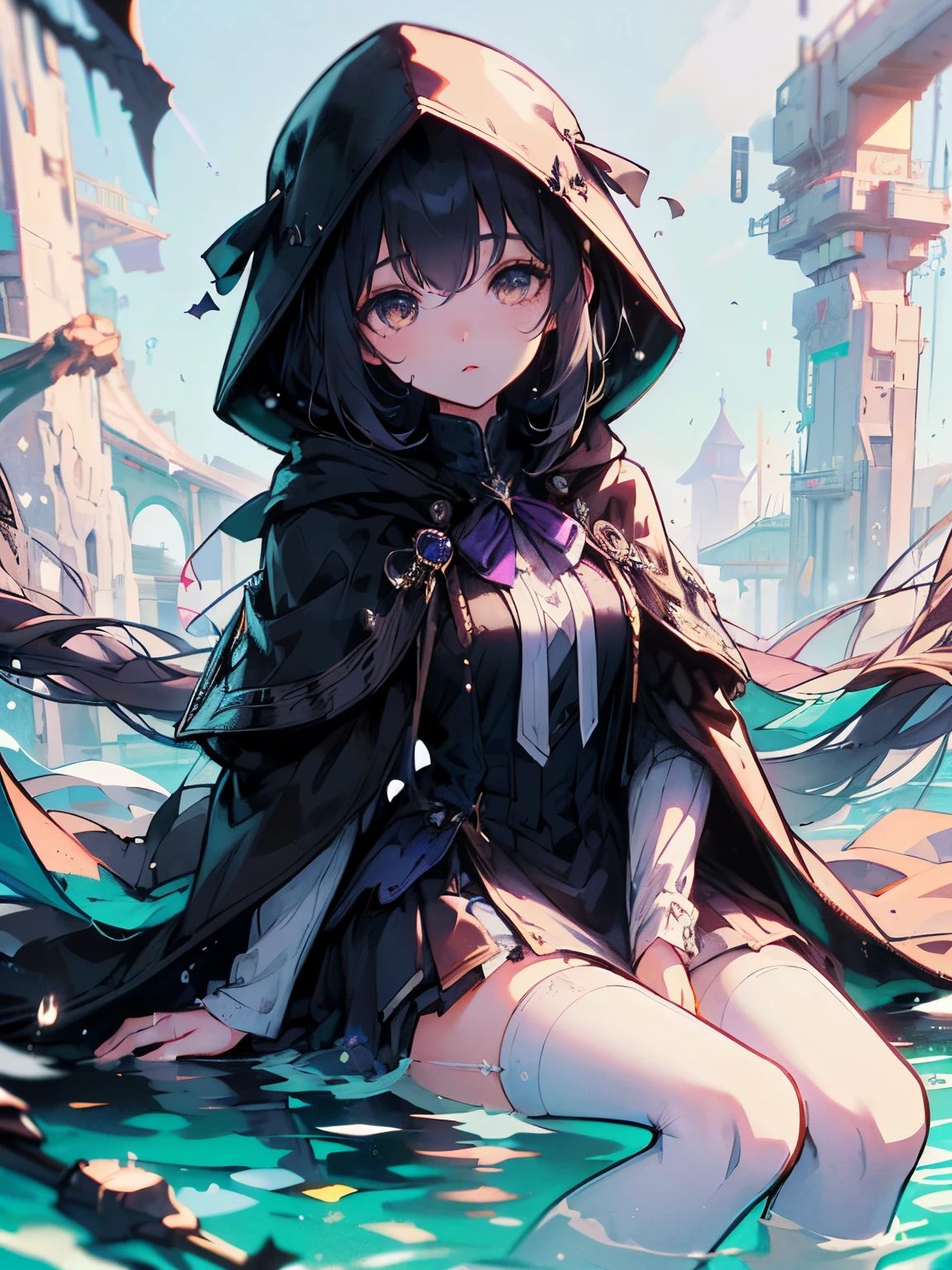 (Best quality, tmasterpiece:1.4), Extremely detailed 8K unified CG wallpaper, A high resolution, (style of anime, 2d ）cabelos preto e longos，female student，White eyes，Black-purple cloak，Wearing a hood，Sit on the water，White stockings，floating aqua droplets，messy  hair，face expressionless，with black background，