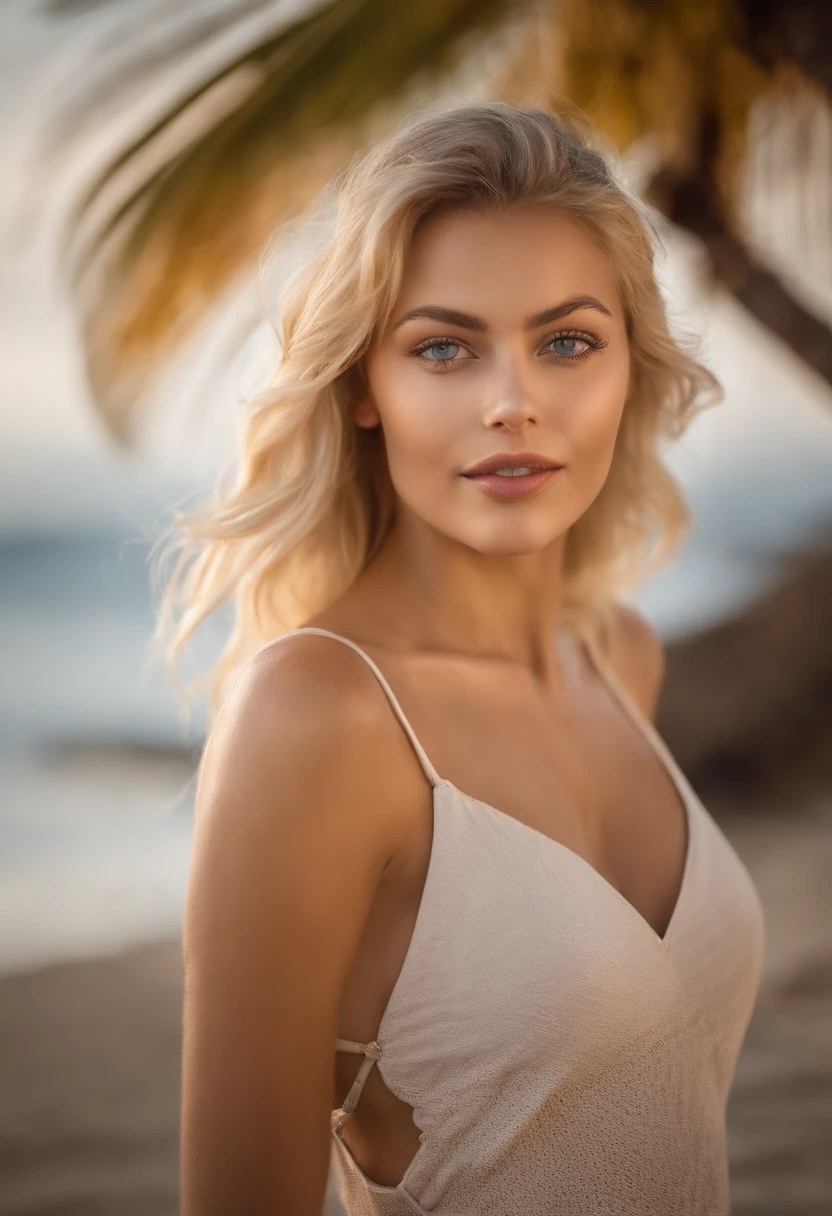 Blonde woman with matching tank top and bikini bottoms posing on a beach, fille sexy aux yeux bleus, Portrait Sophie Mudd, blur background, Best quality, 1fille, Portrait de Corinna Kopf, cheveux blonds et grands yeux, selfie of a young woman, ohne Maquillage, maquillage naturel, Look directly into the camera, Visage avec Artgram, dezentes Maquillage, Superbe photo du corps entier, dans la chambre, gros seins, Blonde, Latin