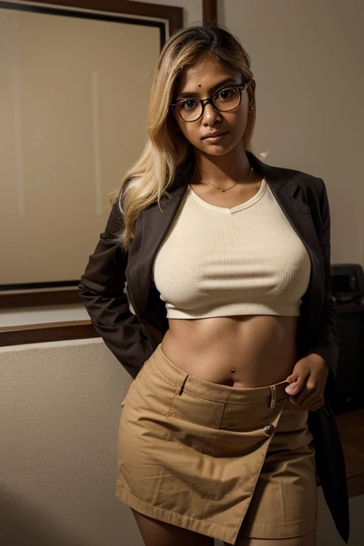 28- year old thick african american woman dressed for business, redbone, light skinned, platinum hair with blue highlights, glasses, tight formal trousers, wedgie, fit, small waist, thick thighs, wide hips, big booty, big breasts, open unbuttoned coat, high heels, back shot on an all white background ,soft volume metric lights, intricate details, photo realistic