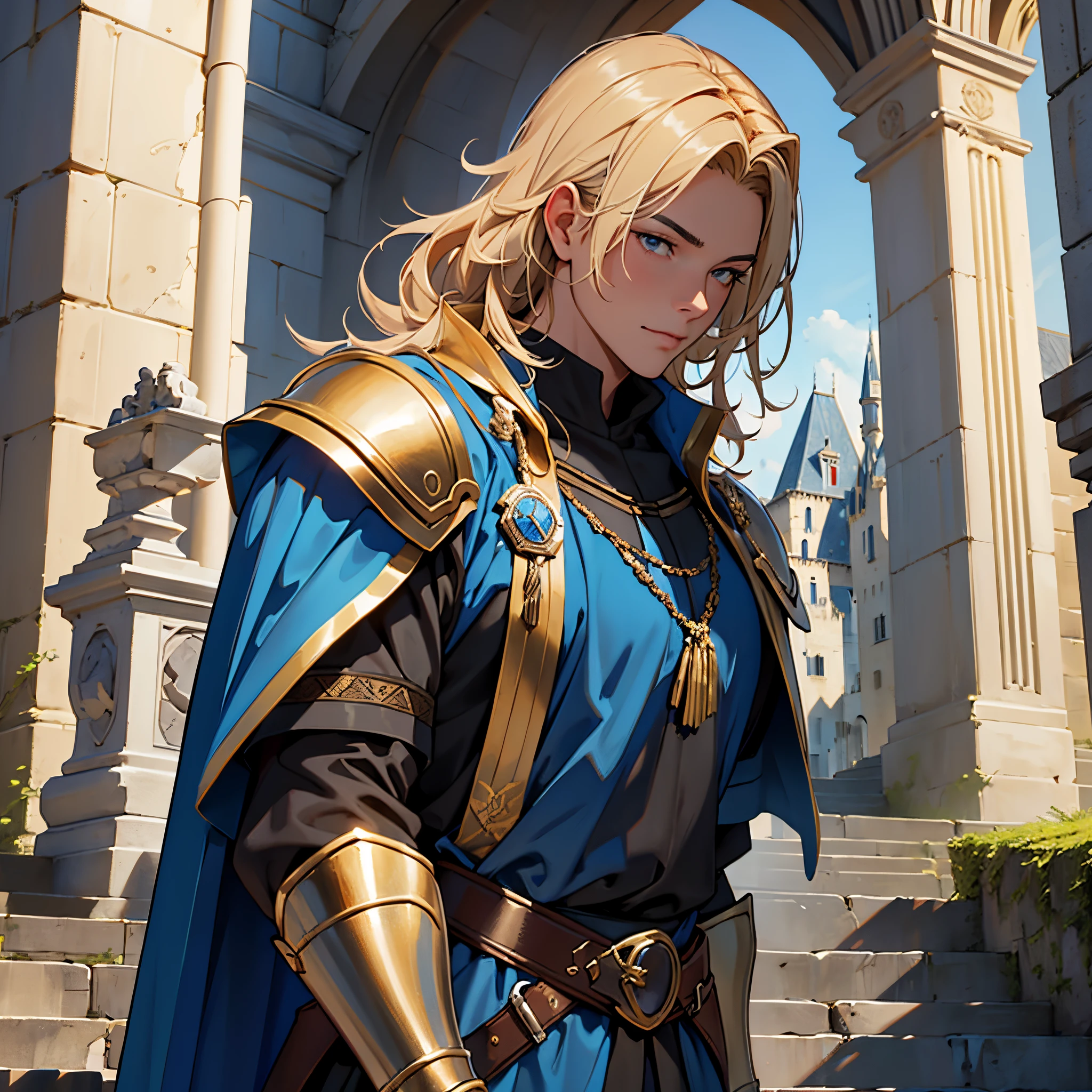 masterpiece, Best Quality, 4k, Very detailed, Close-up of a person'Upper body body, Background with:In front of the stairs of a medieval castle built on a lake, knight in golden armor and blue cloak,