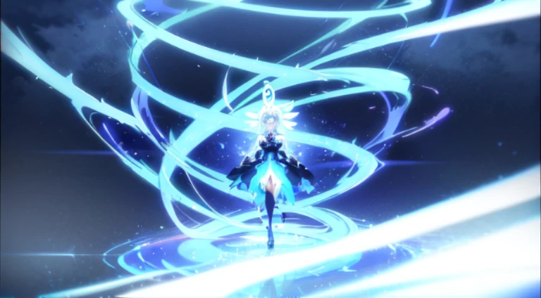 Japanese cartoon, A white hair、Girl in blue dress stands in the field, Screenshots from the 2012 animation, ethereal anime, Anime girl walking on water, Anime keyframes, beautiful anime scenes, White glowing halo, White hair floating in the air, Holograms hover around her, Rimuru Storm, daytime ethereal anime, UFOTABLE art style