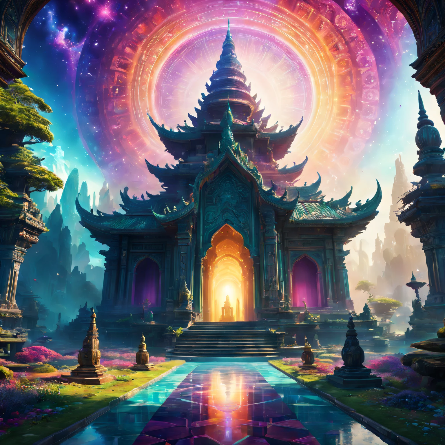 vivd colour, Charming atmosphere, mystical ambiance, ethereal environment,Fantasy temple in a utopian world, otherworldly shapes, A surreal vision of reality, kaleidoscope of colors, Complex patterns and textures, abstract forms and graphics, Imaginative landscape, Fantasy realm, Enchanting aura, otherworldly beauty, Puzzling visuals, vivid tones, A radiant play of light and shadow.(Best quality at best,4K,8K,A high resolution,tmasterpiece:1.2),ultra - detailed,(actual,realisticlying,Photorealistic:1.37).